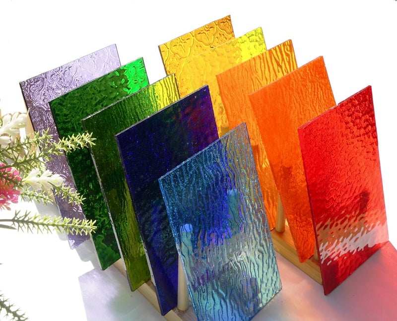 Lanyani 10 Sheets Bright Variety Transparent Textured Stained Glass Sheets Pack, 4 x 6 inch Large Cathedral Glass Mosaic Tiles for Crafts, Mixed Color - Image 1